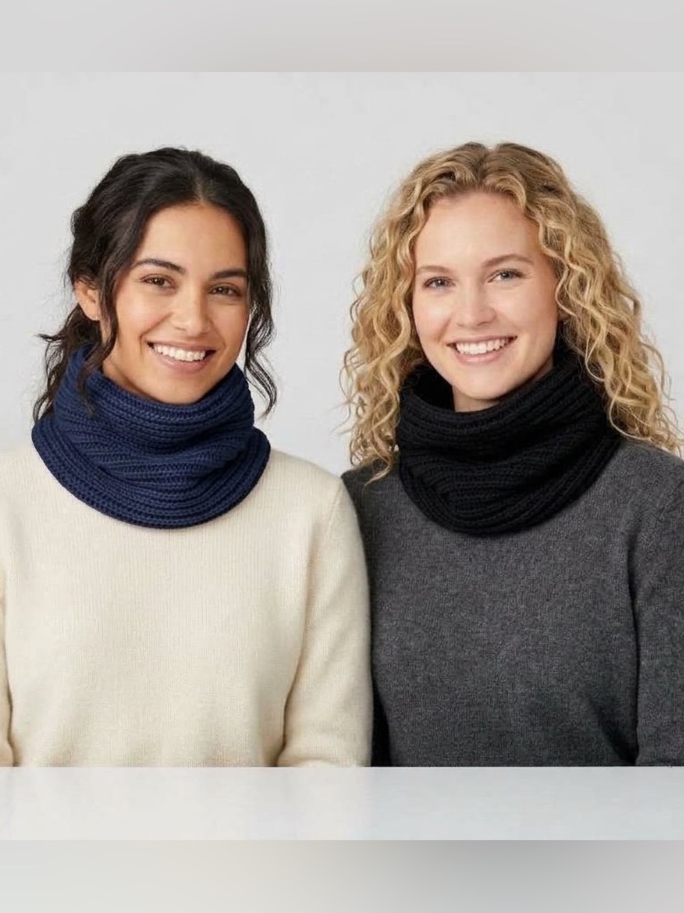 Unisex Ribbed Knit Infinity Scarf Neck Warmer Set – Navy Blue & Black